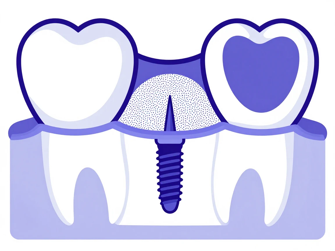 Vue en coupe d'un implant dentaire posé dans l'os, entouré du matériau de greffe osseuse.